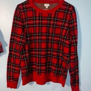 J. Crew Men's Red and Black Plaid Crewneck Sweater